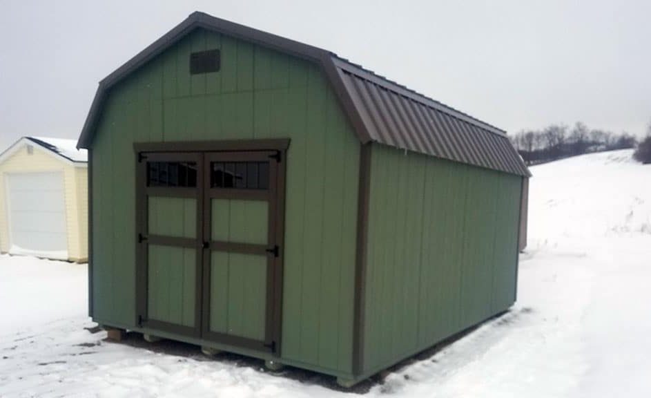12x16 highwall barn, Pequea Green with Burnished Slate trim and roof, transom doors