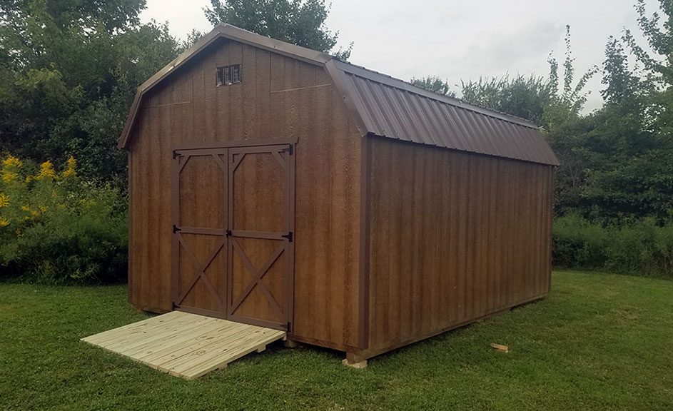 10 x 16 Highwall portable building with Chestnut Stain, Dark Brown Metal, in Cochranton, PA