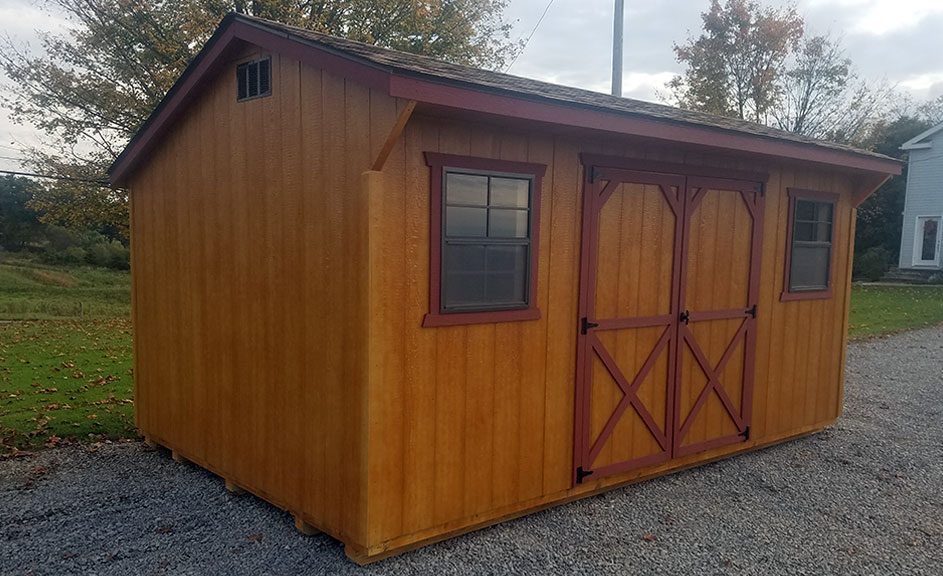 10 x 16 Saltbox barn, cedar stain with Jamestown Red trim, 2 windows